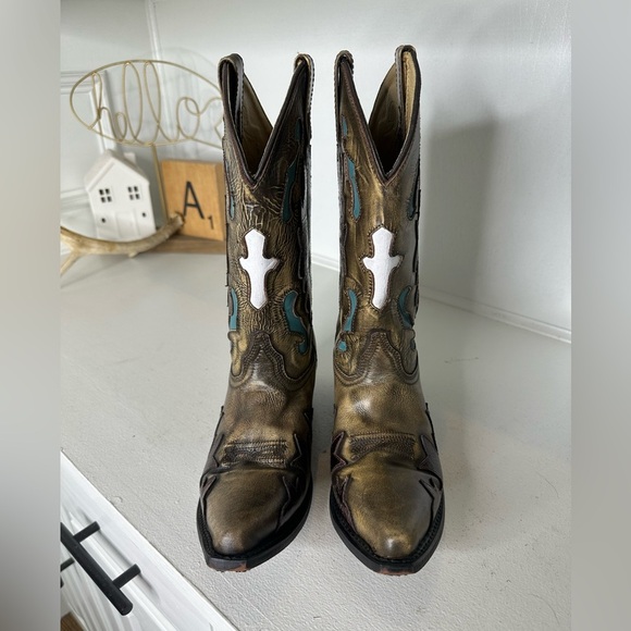 Smoky Mountain Western Boots | Distressed Gold Leather w/ Turquoise Inlay 7.5 - Picture 2 of 8